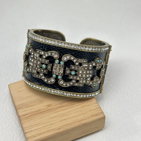 Heidi Daus Art Deco Wide Cuff Bracelet Black Leather Look Rhinestone Turquoise - Picture 2 of 10